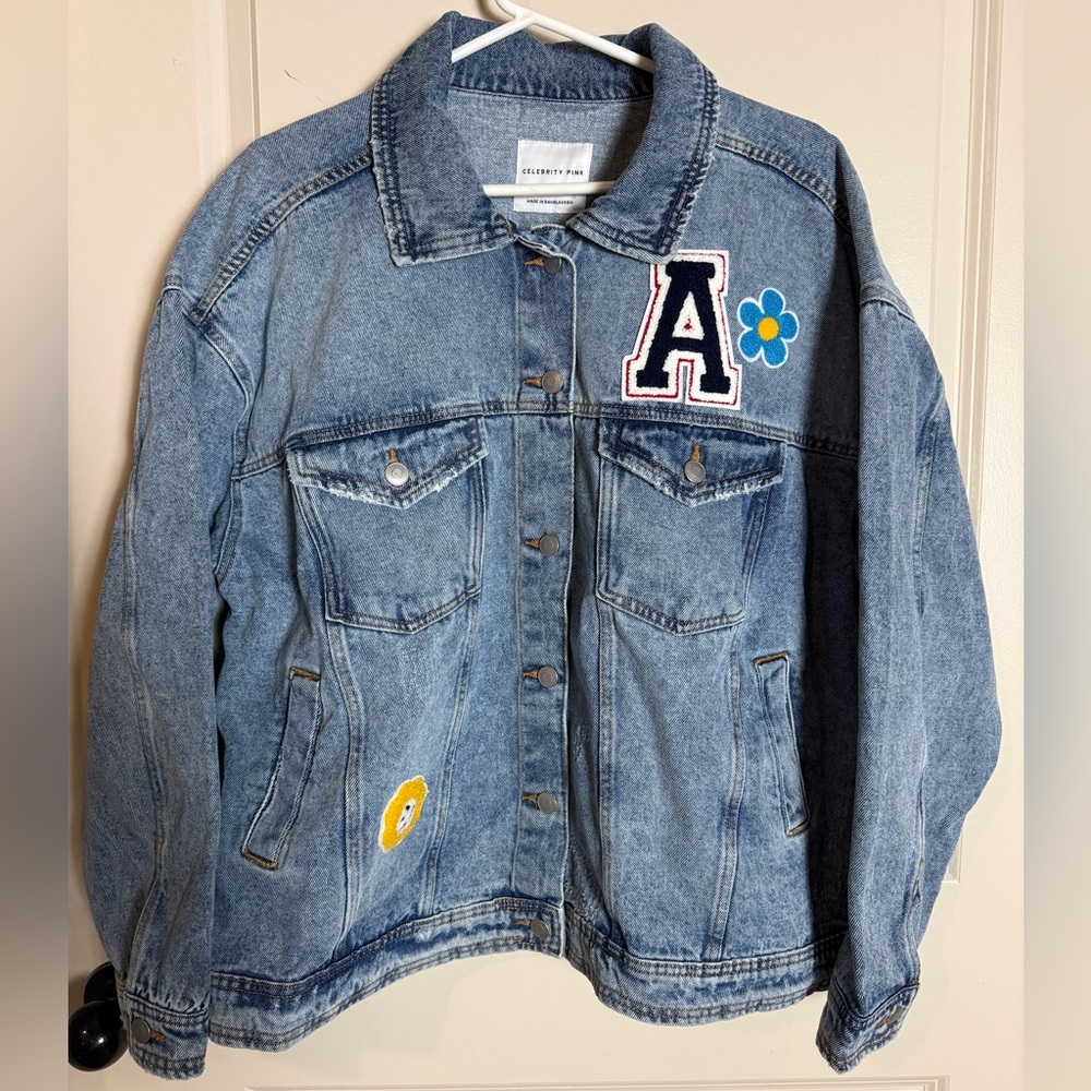 Celebrity Pink Distressed Denim Jacket with Patches